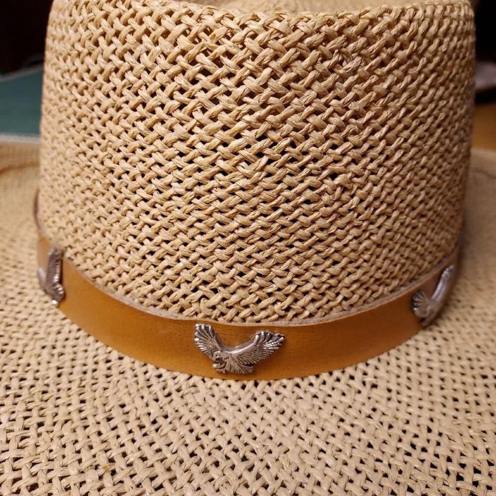 Coastal Cowgirl Hat Belt Sliver Eagle Details Summer Straw Head Diameter Size 22 - Picture 4 of 13